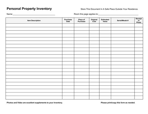 20 Printable Personal Property Inventory Sheet Forms And Templates