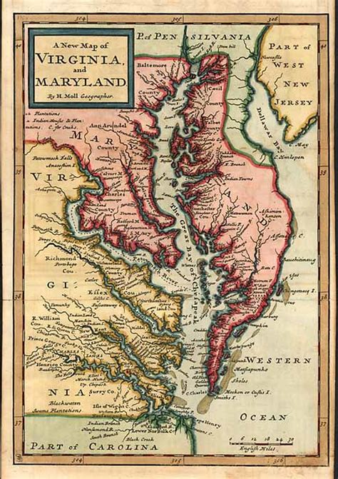 A New Map Of Virginia And Maryland Old Map By Moll H