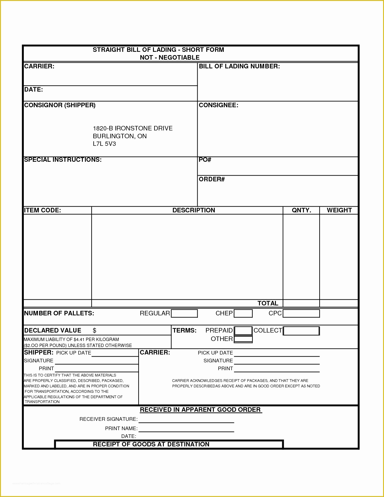 Bill Of Lading Excel Template Free