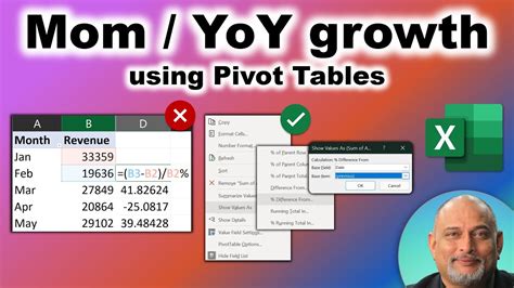 Calculate Mom Month On Month Or Yoy Growth Pivot Table No Formula All Excel Vers Shorts