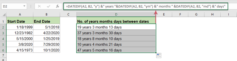 Calculate Number Of Days Weeks Months Years Between Two Dates In Excel