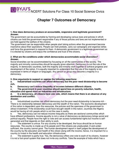 Chapter 7 Outcomes Of Democracy Ncert Solutions For Class 10