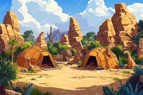 Desert Camp With Ancient Structures And Dinosaurs Premium Ai Generated Image