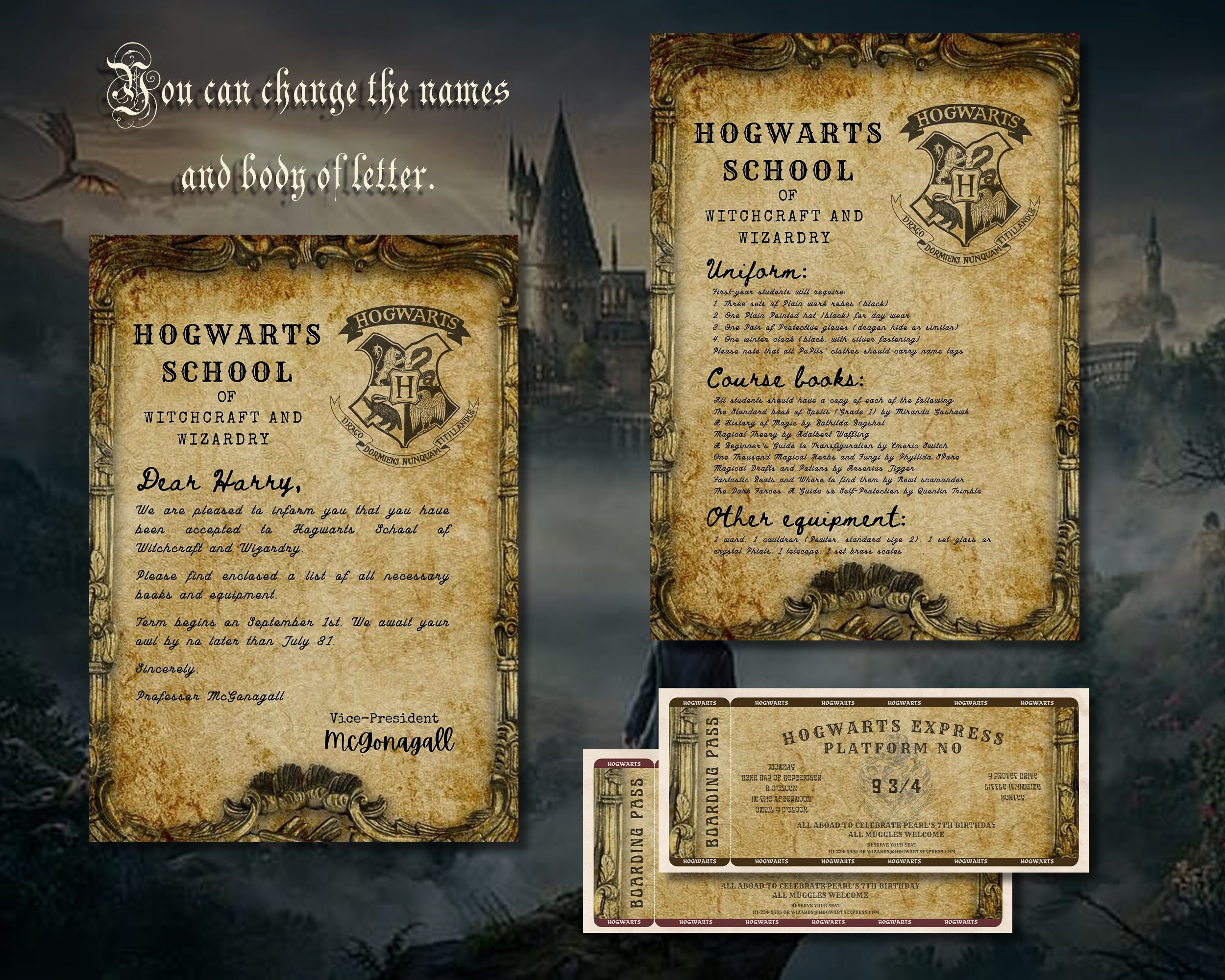 Editable Hogwarts Acceptance Letter Set To Wizard School Of Etsy