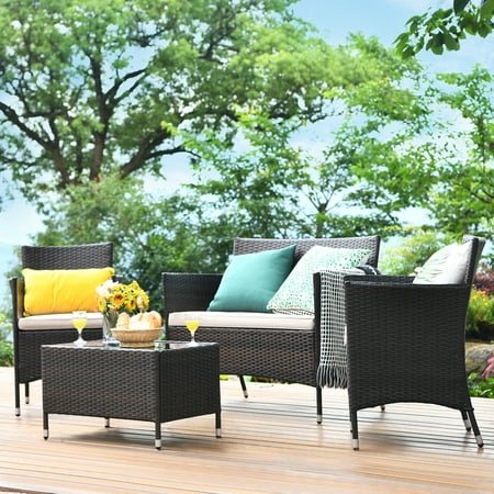 Gymax 4Pcs Patio Rattan Conversation Furniture Set Outdoor W Red Cushion Walmart Com