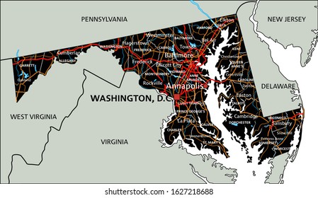 High Detailed Maryland Road Map With Labeling Stock Vector Image Art