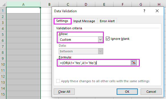 How To Allow Only Yes Or No Entry In Excel