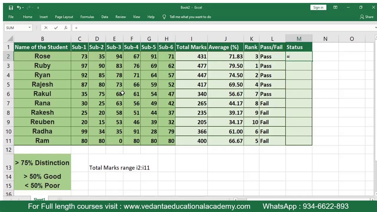 Mark Sheet Using Formula Excel Youtube