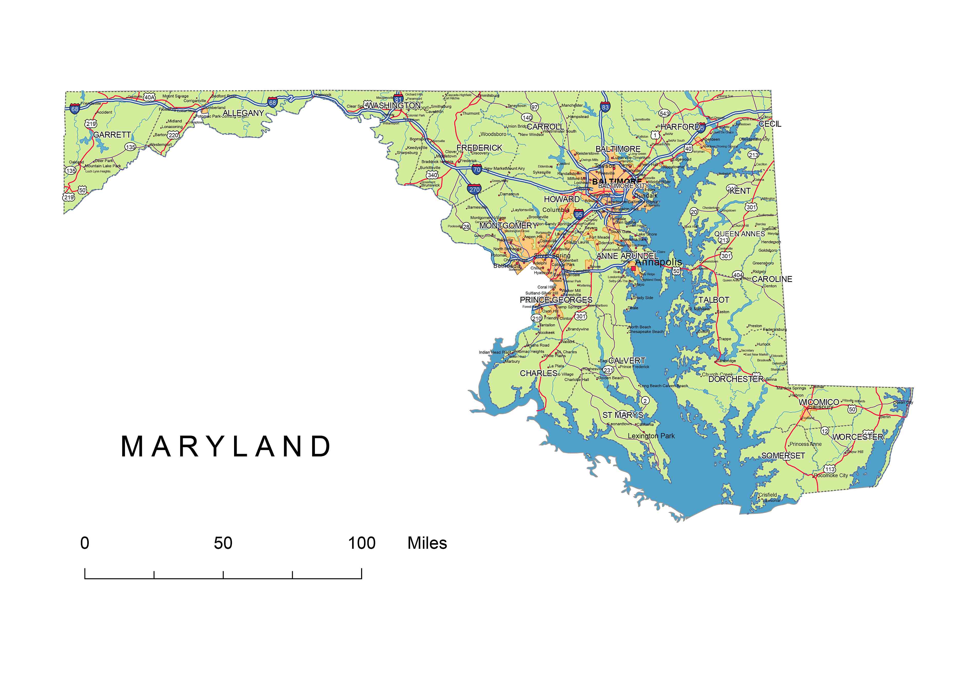 Maryland State Map With Cities Map Vector