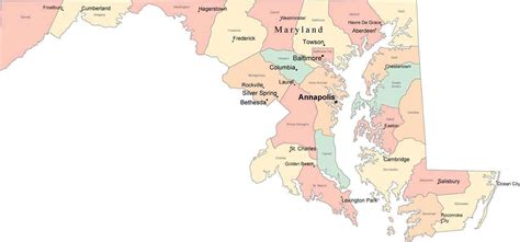 Multi Color Maryland Map With Counties Capitals And Major Cities