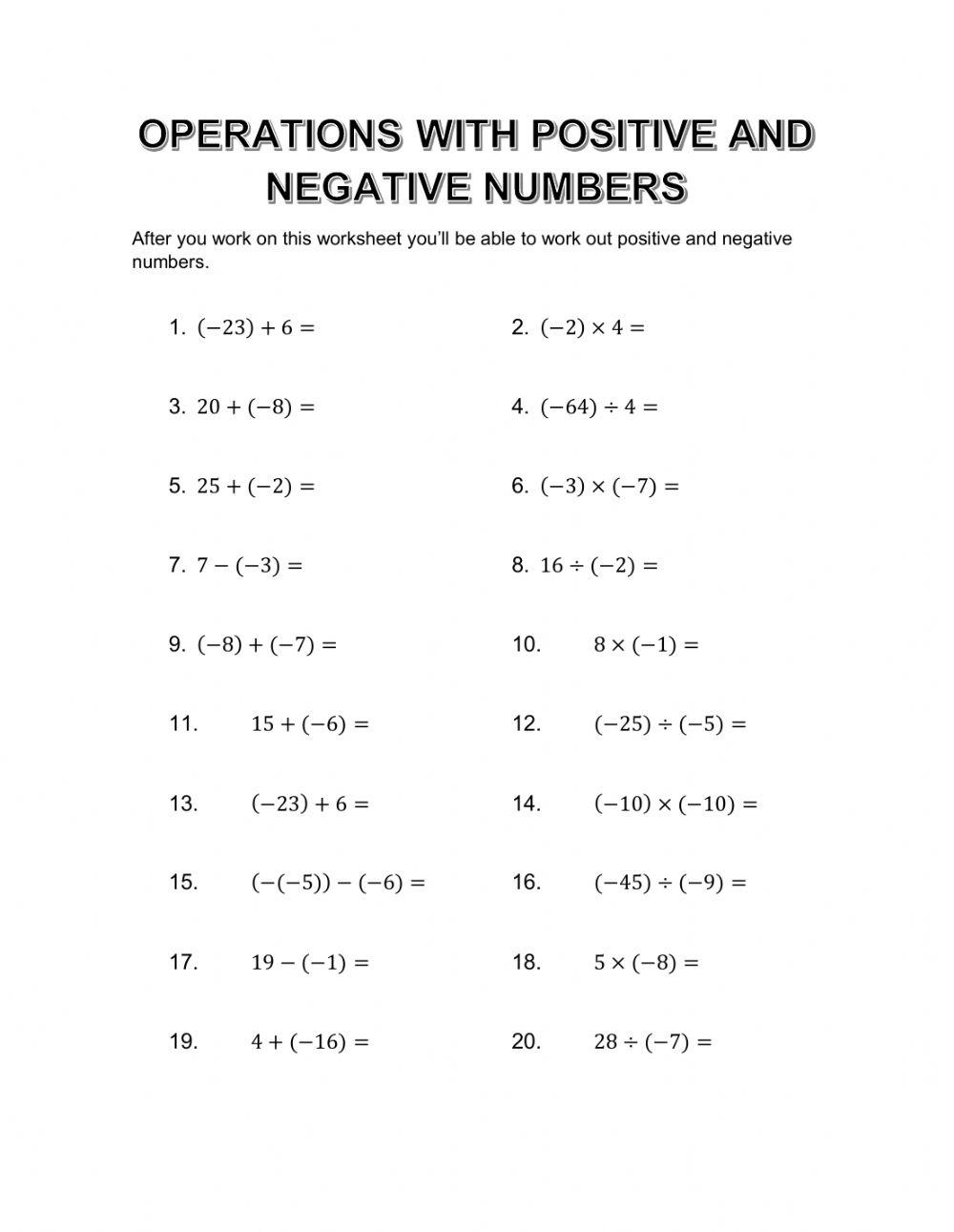 Negative Numbers Worksheet Grade 6