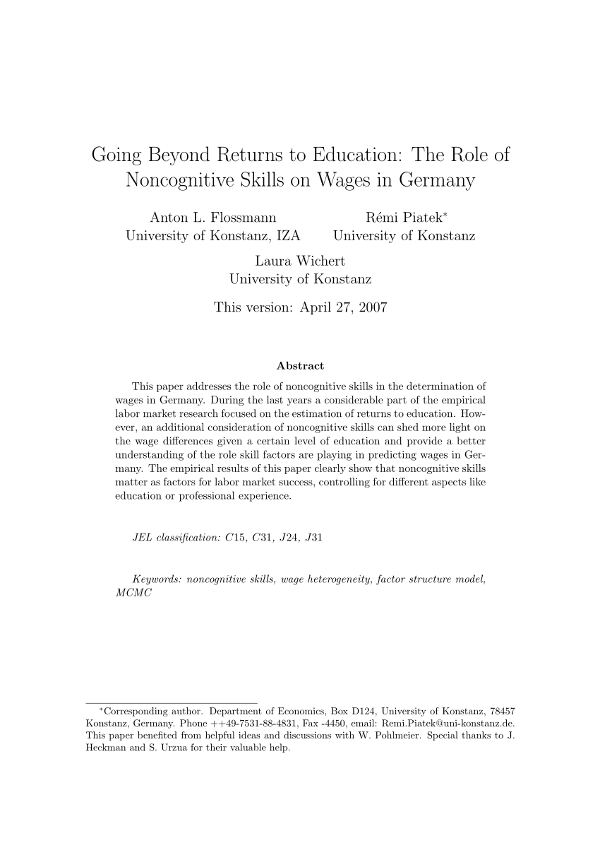 Pdf Going Beyond Returns To Education The Role Of Noncognitive Skills On Wages In Germany