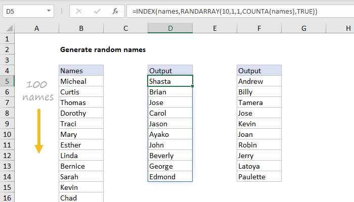 Random List Of Names Excel Formula Exceljet