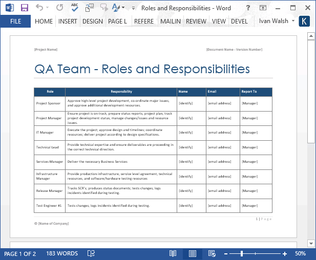 Role And Responsibilities Chart Templates Excel Template