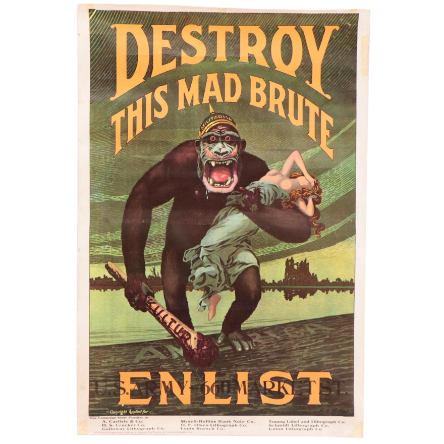 Wwi Propaganda Poster Destroy This Mad Brute Enlist Early 20Th